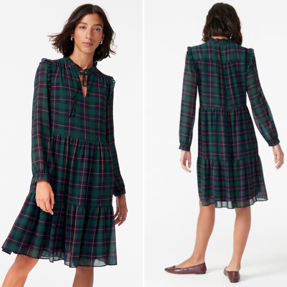J. Crew Tie Neck Tiered Dress in Black Watch Tartan Green Navy Red Color sz XL - Picture 2 of 14